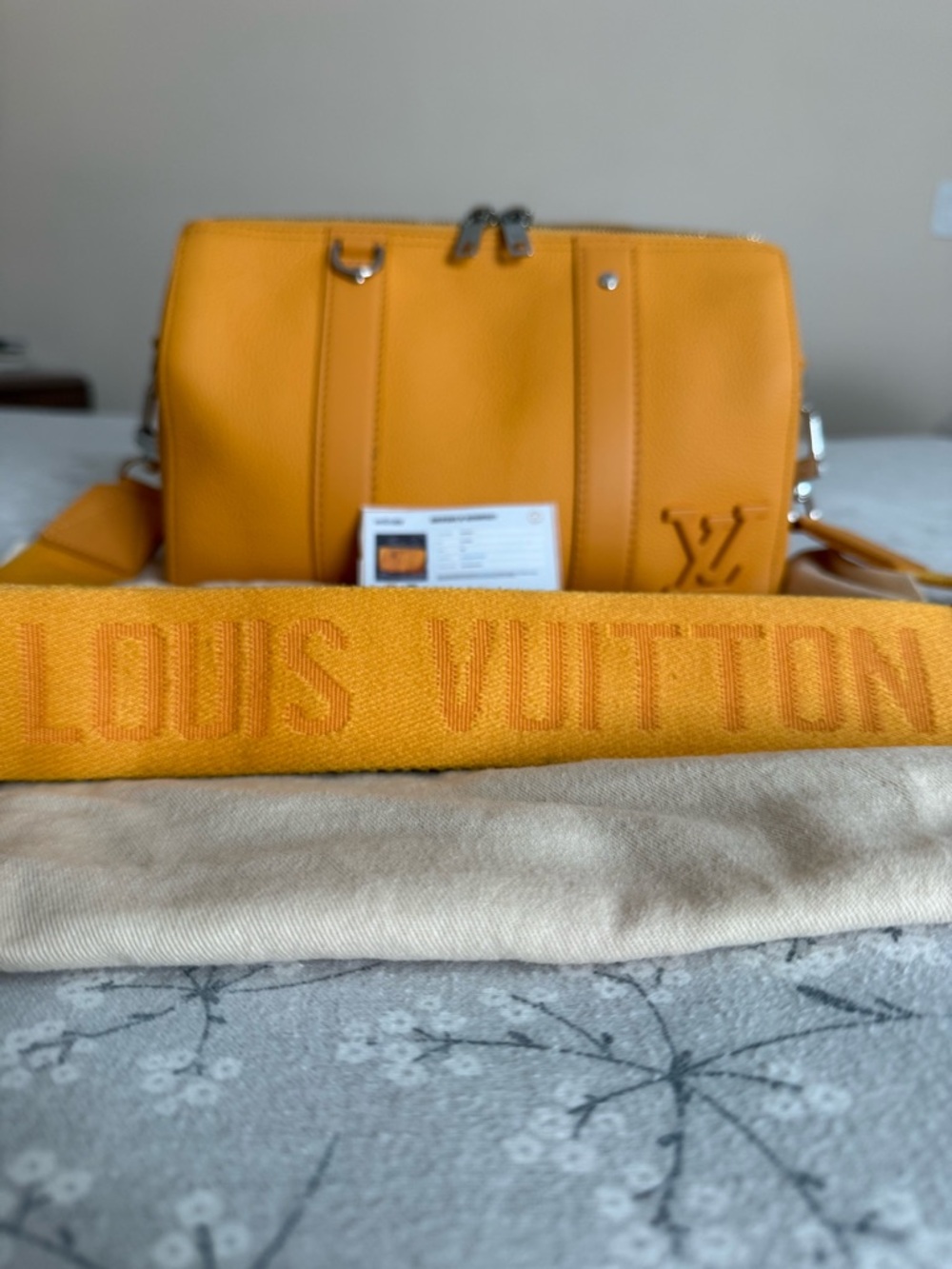 Louis Vuitton Yellow Leather Crossbody Bag 10.5”x7”x5”strap, duster, COA